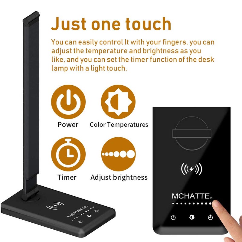 MCHATTE LED Desk Lamp with Wireless Charger, USB Charging Port, Dimmable Eye-Caring Desk Light with 5 Brightness Levels & 5 Lighting Modes, Touch Control, Auto Timer (Black) - Image 3